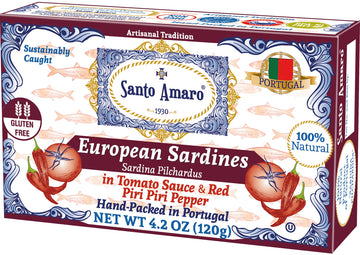 Santo Amaro Sardines in Tomato Sauce & Red Piri Piri, Hand-Packed Canned, 4.2 oz (Pack of 6), Low Mercury, 23g Protein