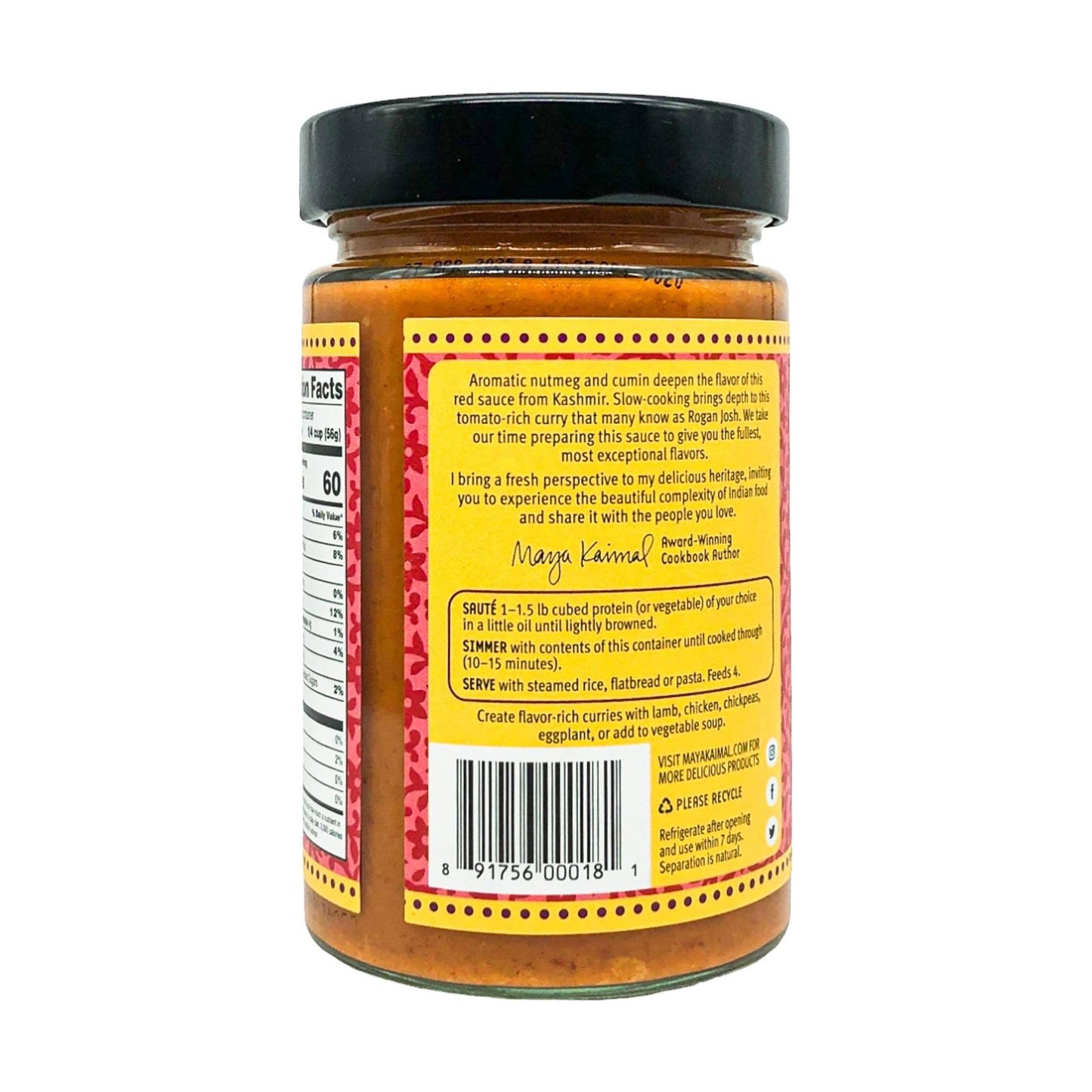 Maya Kaimal Kashmiri Curry Sauce, 12.5 Oz, Mild Indian Simmer Sauce With Tomato And Nutmeg. Vegan, Gluten Free, Non-Gmo Project