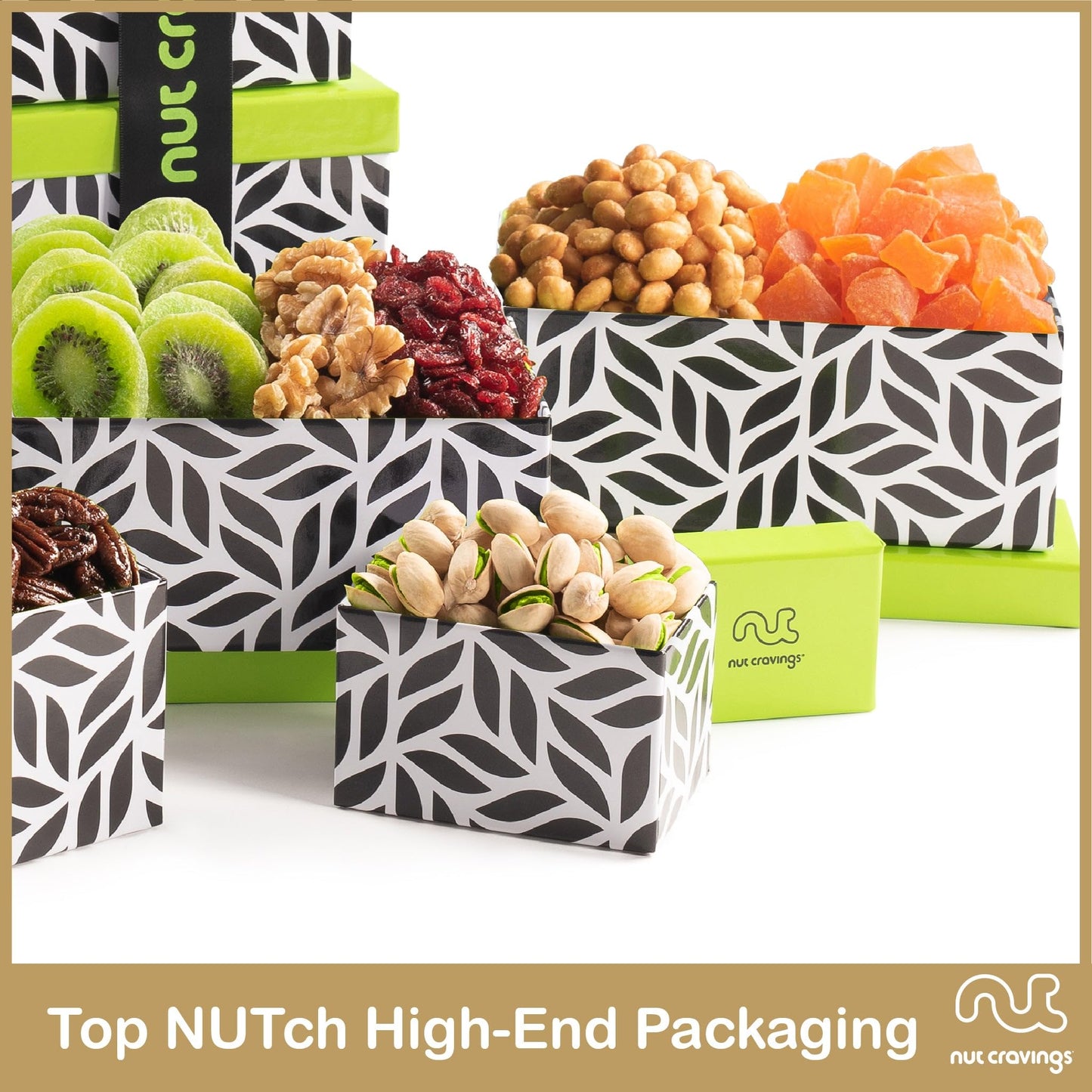 Nut Cravings Gourmet Collection - Rosh Hashana & Shana Tova Dried Fruit & Mixed Nuts Gift Basket Leaf Tower + Ribbon (12 Assortm