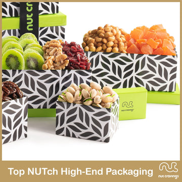 Nut Cravings Gourmet Collection - Rosh Hashana & Shana Tova Dried Fruit & Mixed Nuts Gift Basket Leaf Tower + Ribbon (12 Assortm