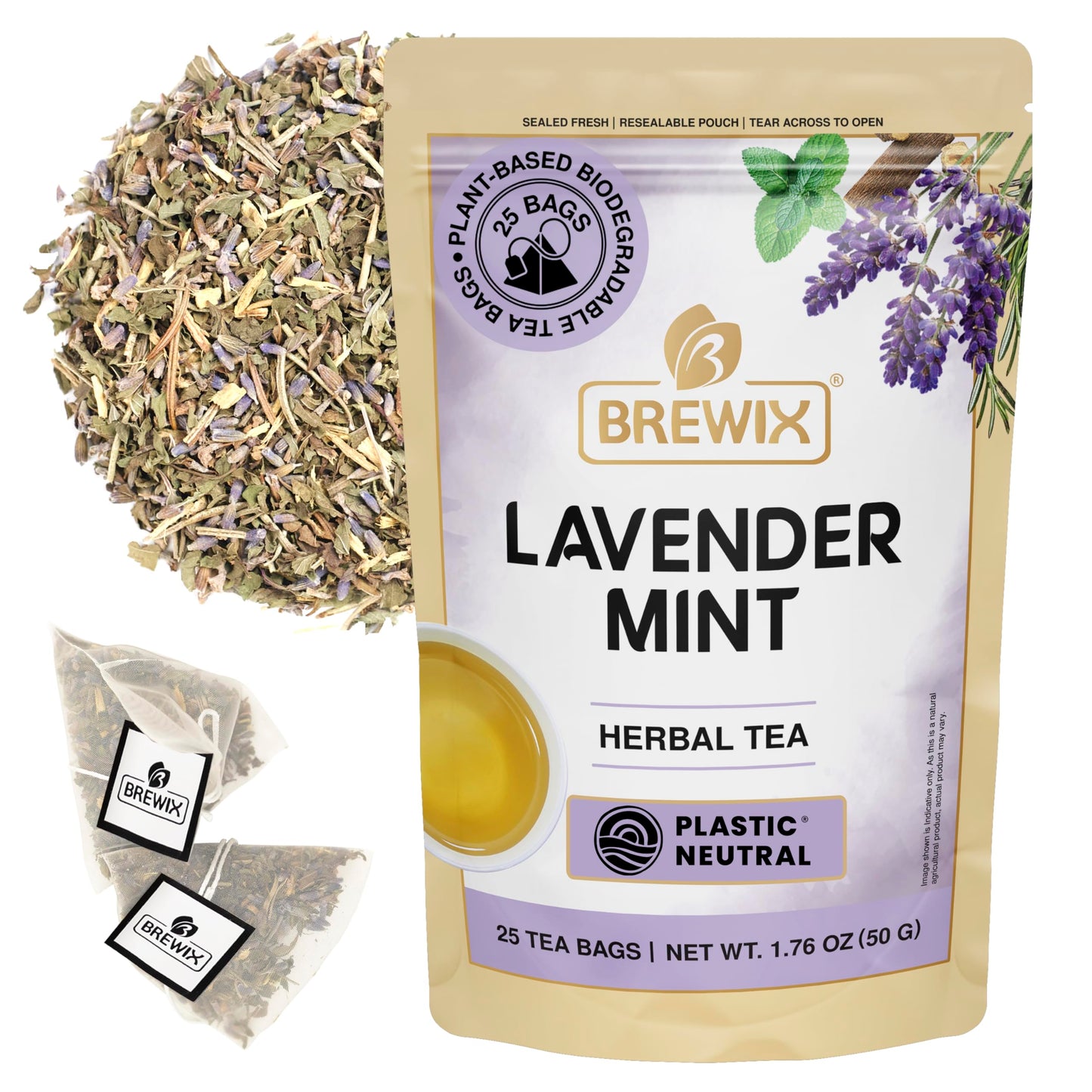 BREWIX Lavender Mint Herbal Tea, Caffeine Free, 25 Pyramid Bags
