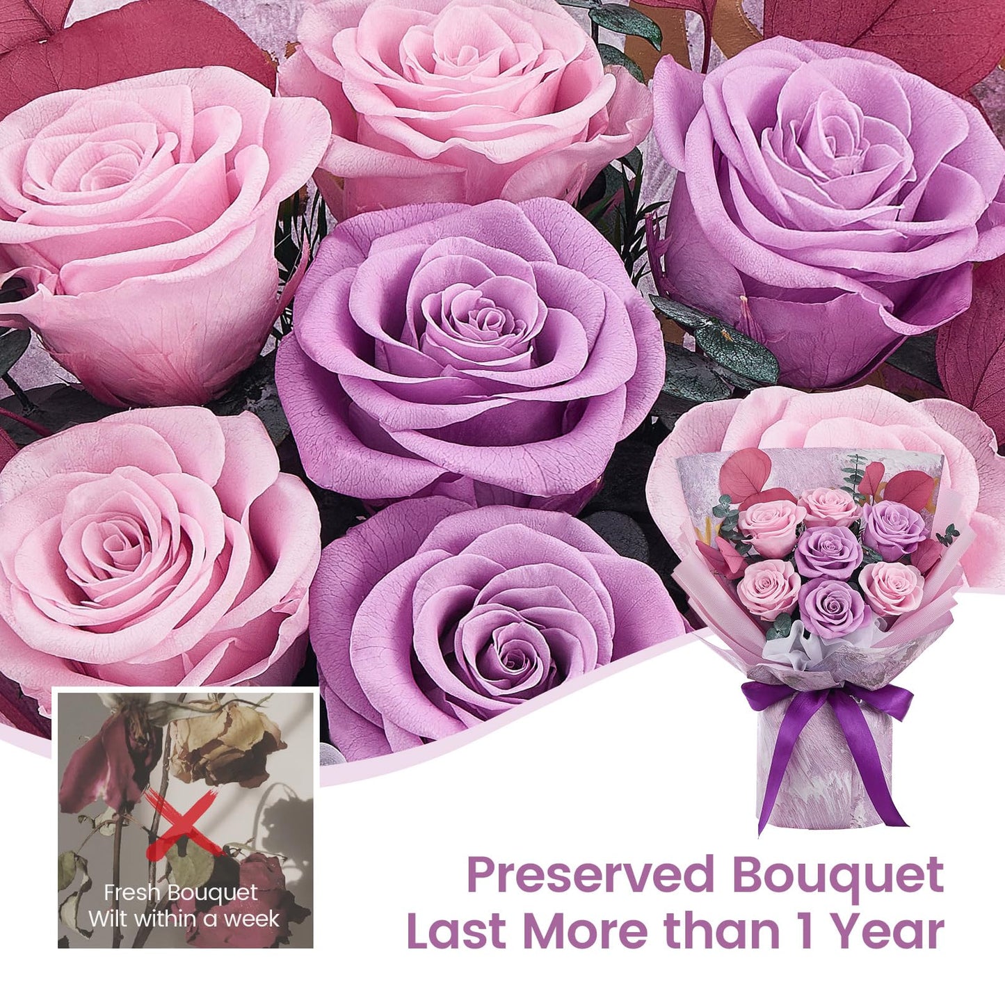 Mosstory Roses Bouquet Purple Gifts For Women Birthday Flowers For Women Forever Flowers Bouquet Gift For Her Wife Anniversary G