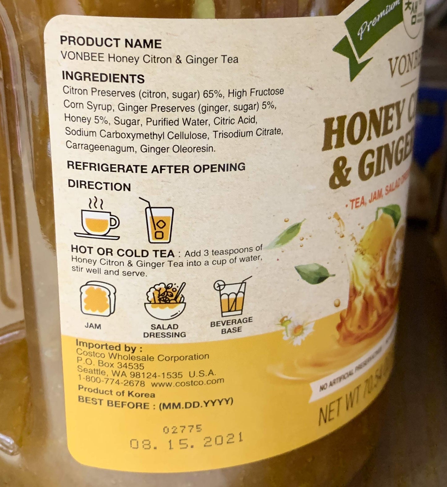 VONBEE Honey Citron & Ginger Tea - 4.4 lb, Natural Herbal Blend for Wellness, Perfect for Hot or Iced Tea