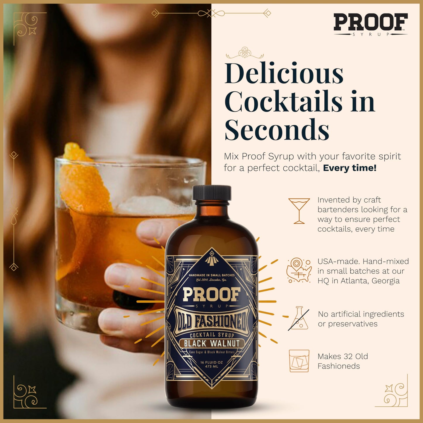 PROOF SYRUP Old Fashioned Cocktail Mix - Black Walnut Flavor - 16oz Handcrafted Syrup with Real Bitters & Cane Sugar