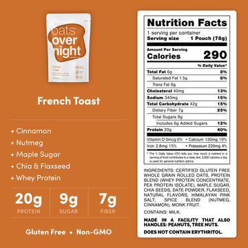 Oats Overnight French Toast Overnight Oats, 20g Protein, Gluten Free, High Fiber, 2.7 oz (Pack of 16)