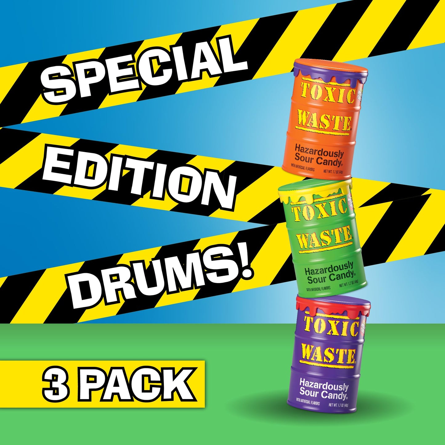 Toxic Waste - Hazardously Sour Candy - 5 Assorted Flavors & 1 New Mystery Flavor - Special Edition Purple, Orange, & Green Drums - 3-Pack