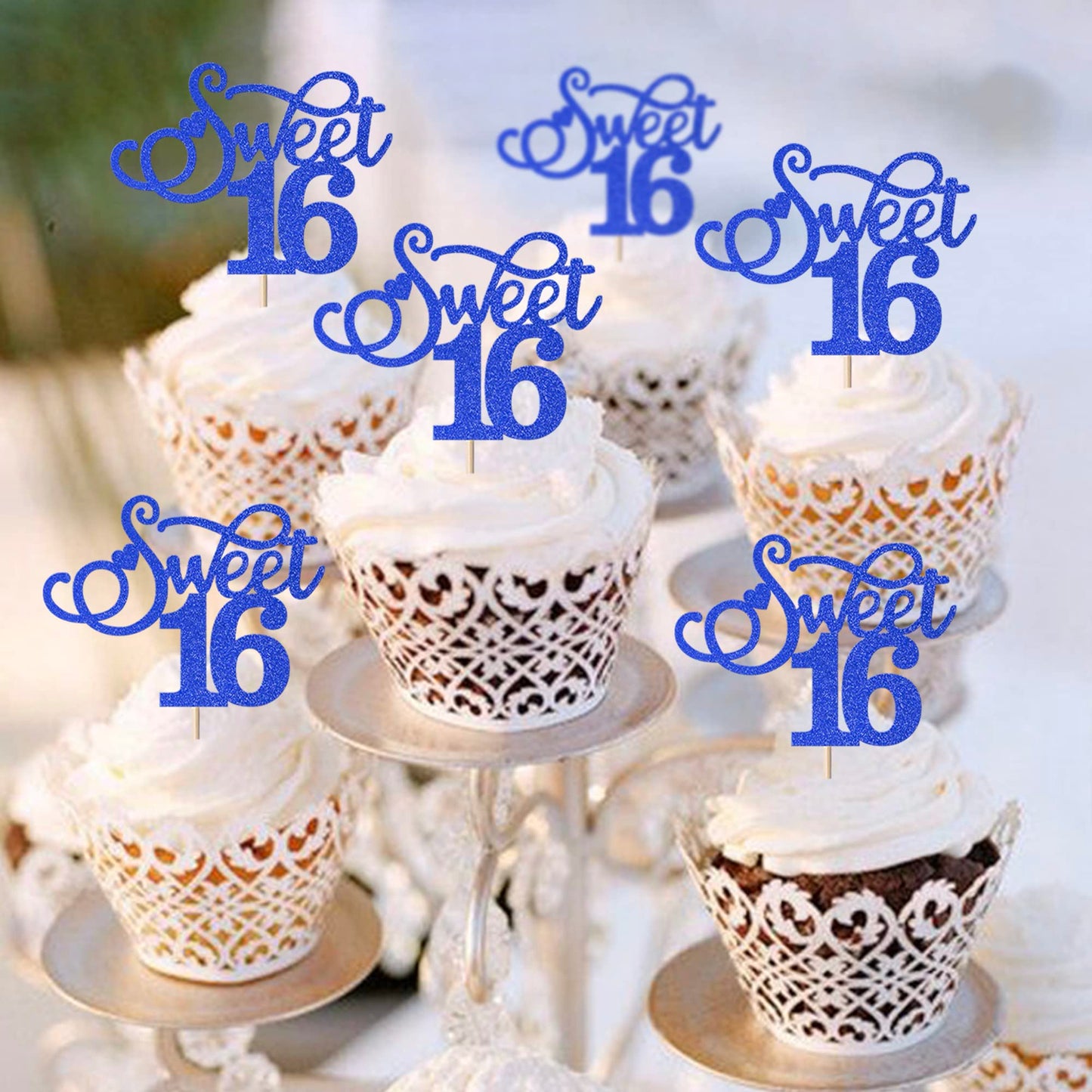 Rssta i Cupcake Toppers 30 Pack Glitter Love Heart for 16th Birthday Deep Blue
