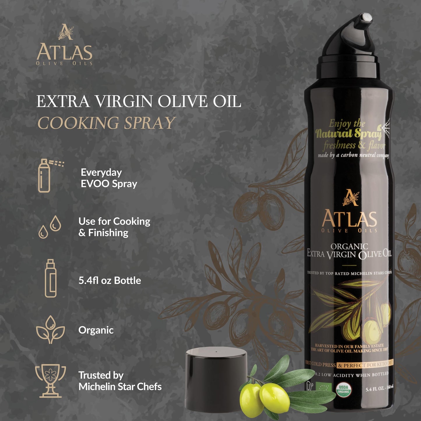 A ATLAS OLIVE OILS Olive Oil Spray, Extra Virgin, Non-Stick, Cold Pressed, 5.4 oz, 6 Pack