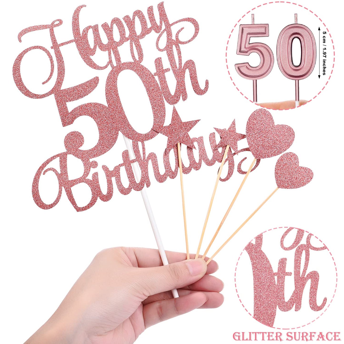 HOGRTi 50th Birthday Cake Decorations Set, Rose Gold, Includes Candles and Toppers, Model 50