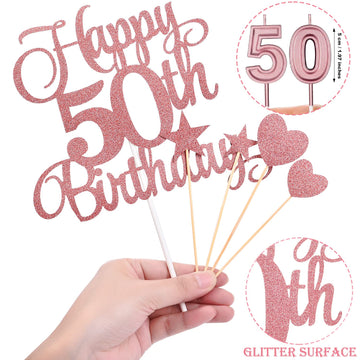 HOGRTi 50th Birthday Cake Decorations Set, Rose Gold, Includes Candles and Toppers, Model 50