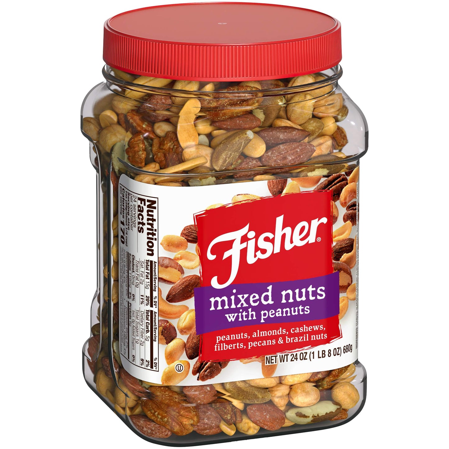FISHER Snack Mixed Nuts with Peanuts, 24 oz Almonds, Cashews, Filberts, Pecans, Brazil Nuts,