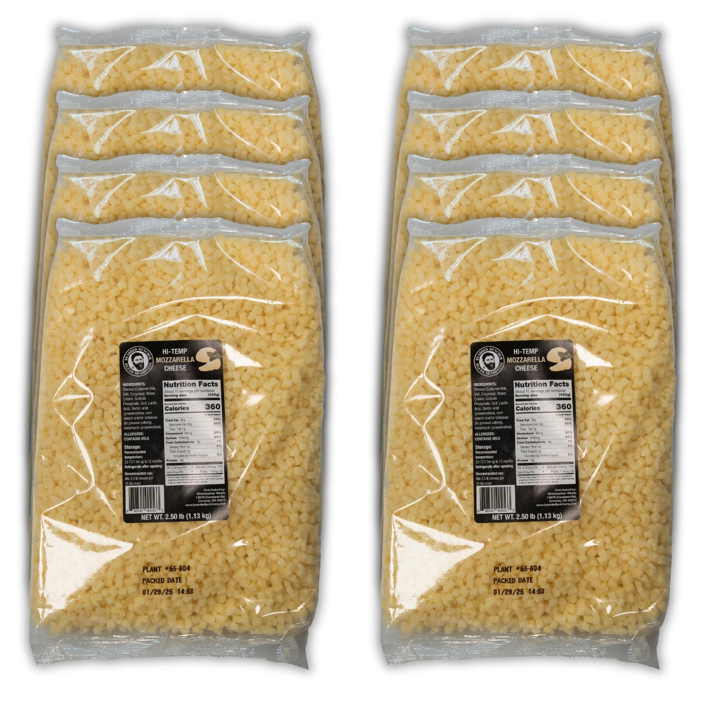 Bearded Butchers High-Temp Mozzarella Cheese - 2.5 lb Bags, Case of 8, 400°F, Ideal for Sausage Making and Snacks