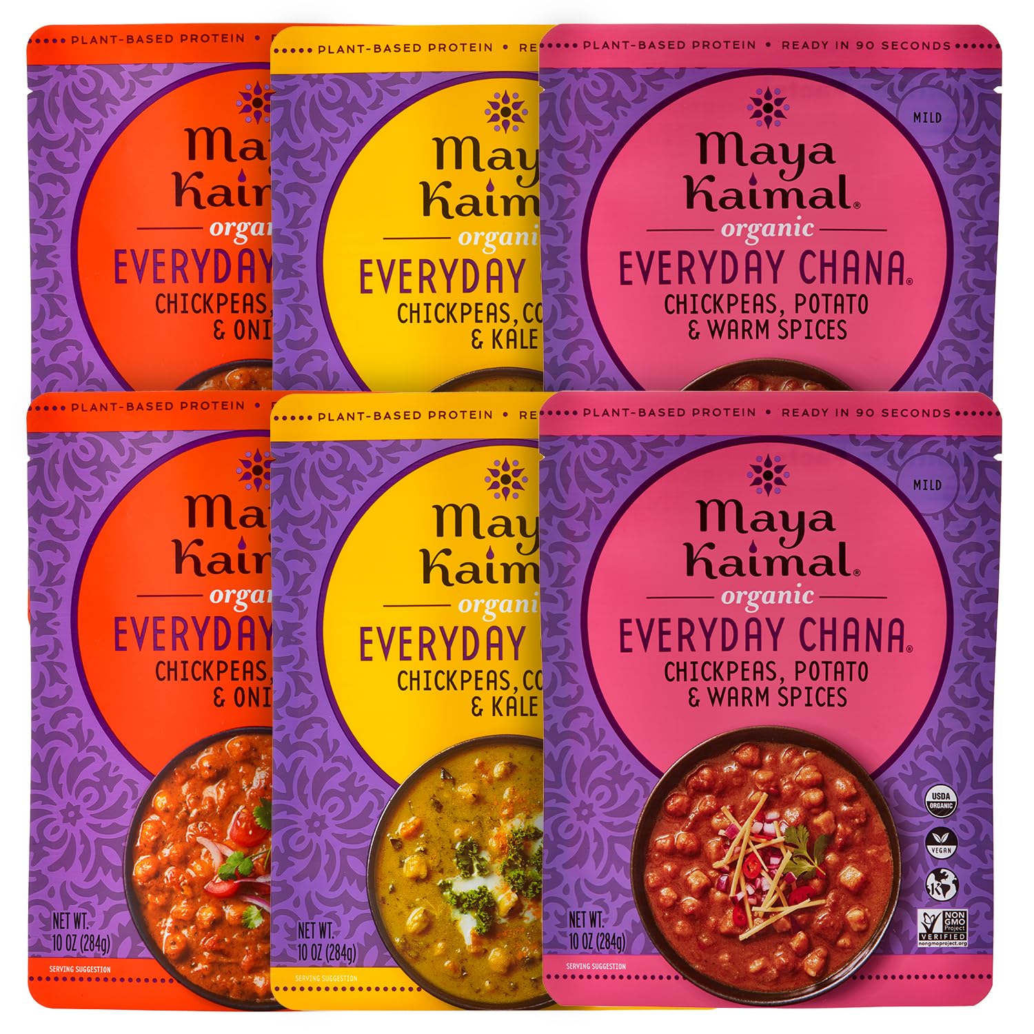Maya Kaimal Organic Indian Chana Variety Pack - 10oz Fully Cooked Vegan Meals - Pack of 6