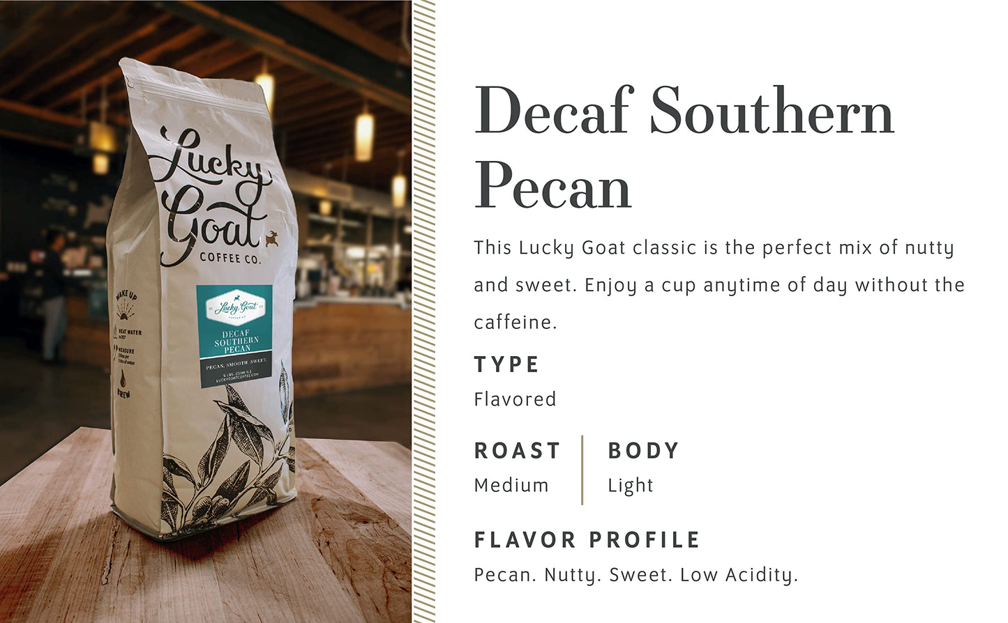 Lucky Goat Decaf Southern Pecan Coffee, Medium Roast, 5 lb Bulk Ground, Low Acid, Gluten Free, Sugar Free, Keto Friendly