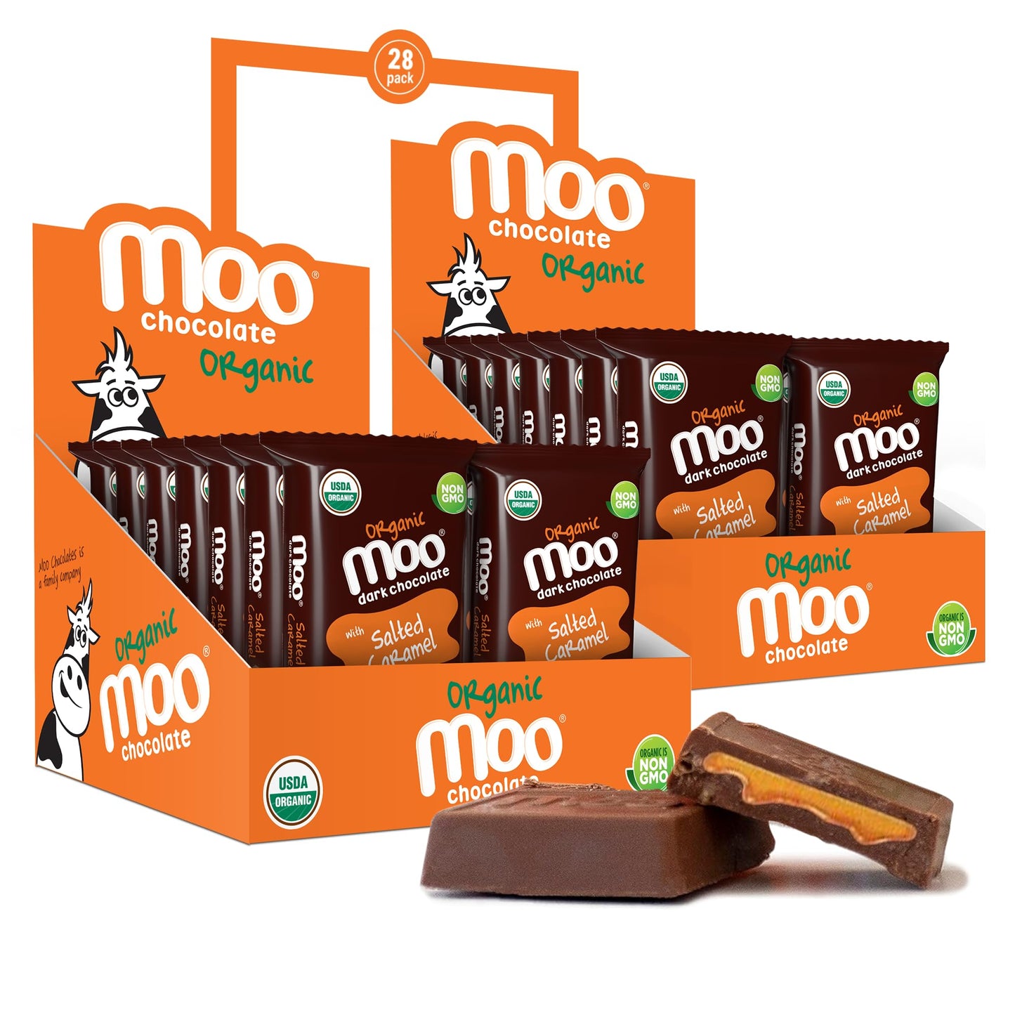 Moo Chocolates Organic Dark Chocolate Mini Bars with Salted Caramel 0.7oz, 28 ct (Pack of 2) | USDA Organic, Non-GMO | 100 Calor