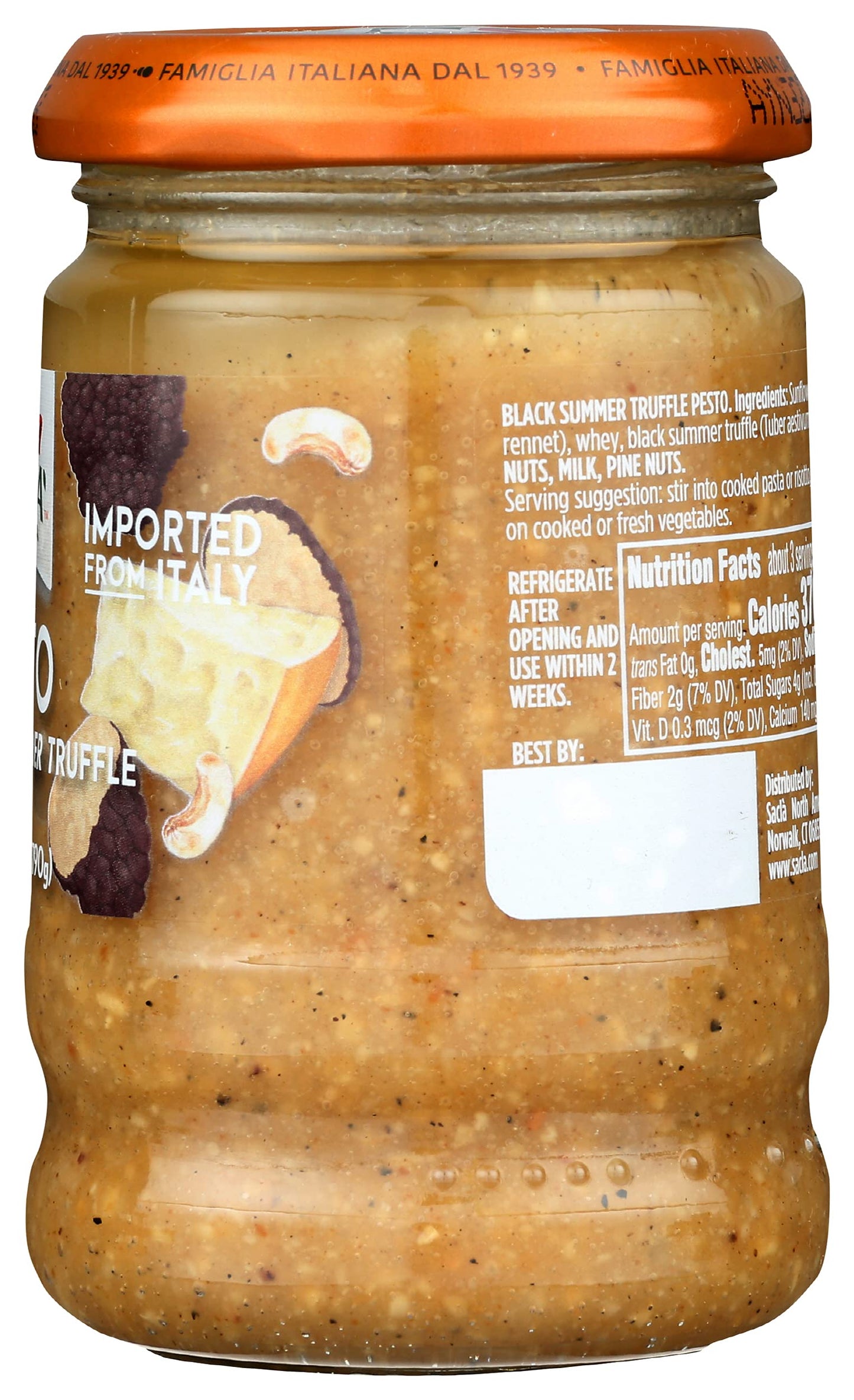 Sacla Pesto With Black Summer Truffle | Italian Basil Pesto Sauce With Real Truffle & Cheese | 6.7 Oz Glass Jar | Gourmet Non-Gmo Paste | Imported From Italy