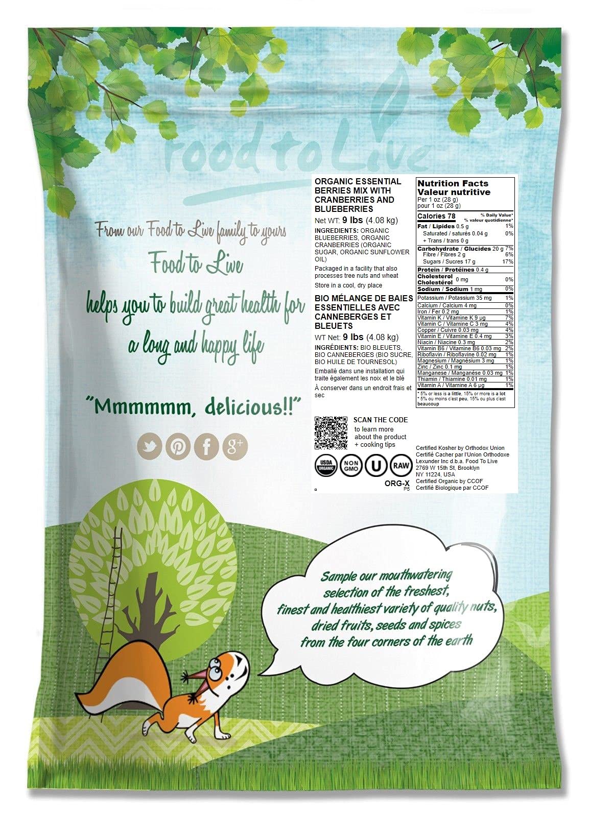 Food to Live Organic Essential Berries Mix, 9 Pounds, Non-GMO Dried Blueberries and Cranberries. Unsulfured, Kosher, Bulk. Gentl