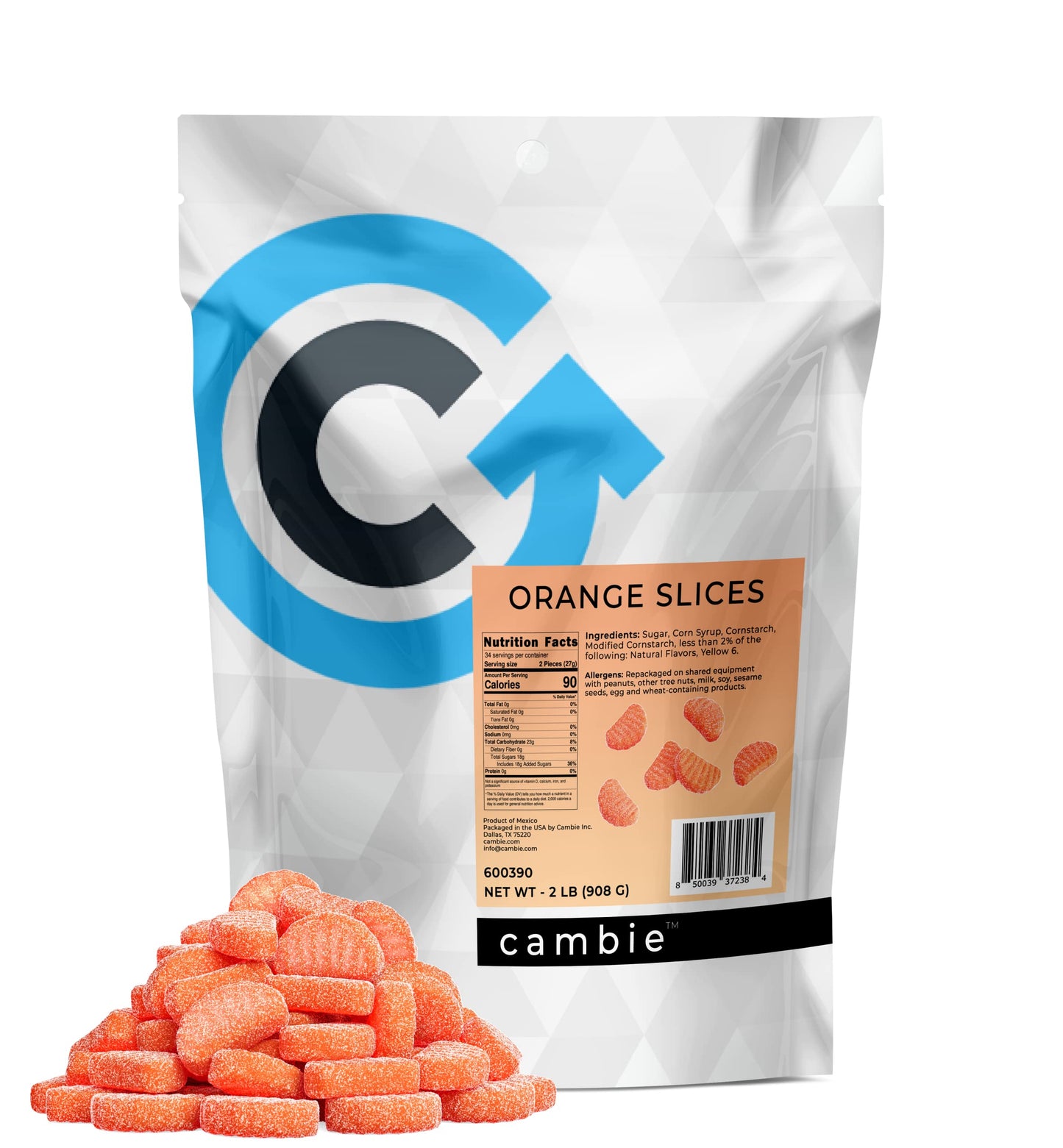 Orange Slices Gummy Candy by Cambie | 2 lbs of Orange Flavored Jellies | Bulk Orange Slices Gummy Candy Packaged Fresh in a Rese