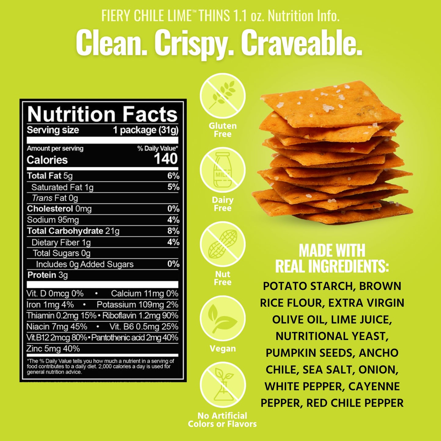 Every Body Eat Snack Thins, Fiery Chile Lime, Gluten & Dairy Free, Vegan, School Lunch Snacks, Single Serve (Pack Of 20)