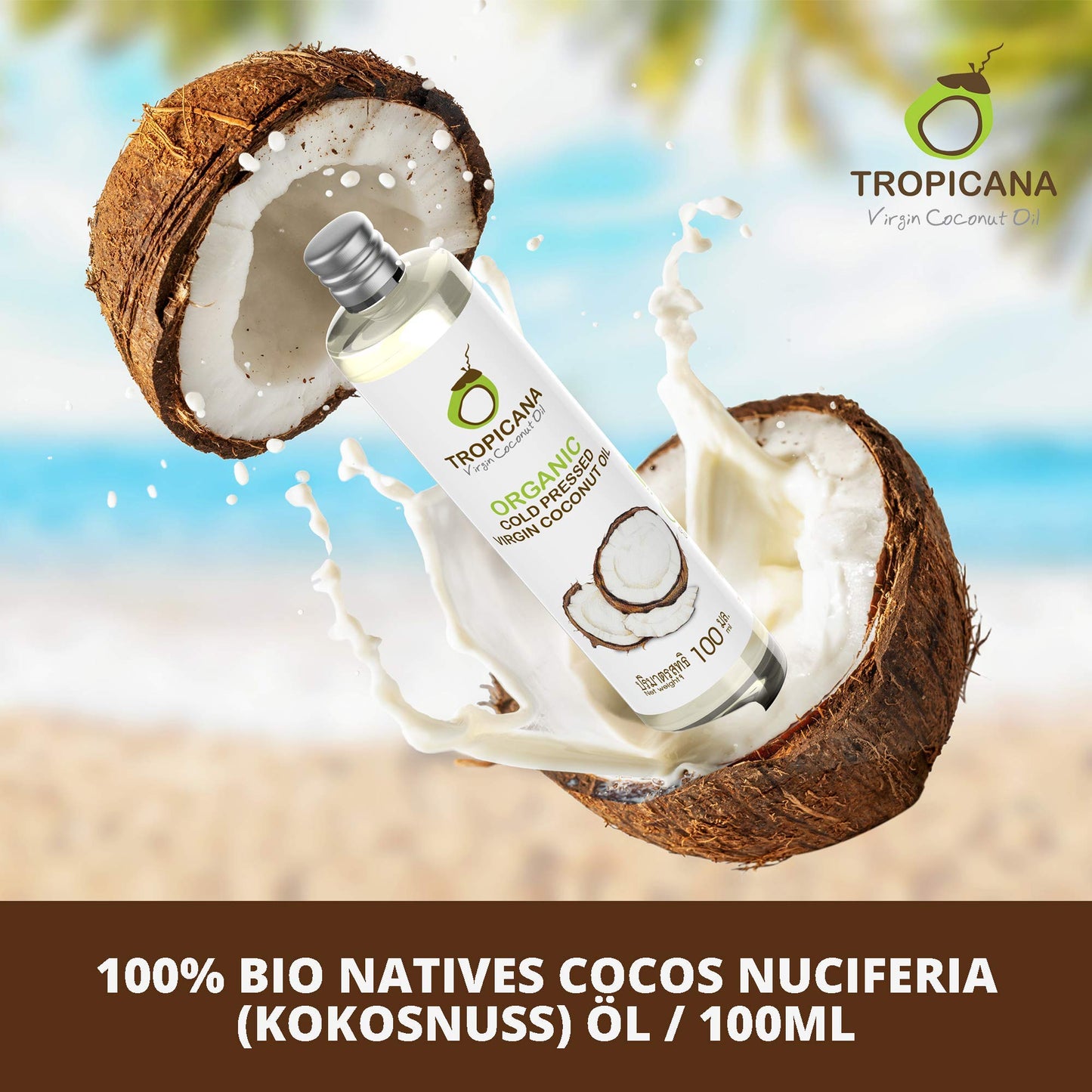 TROPICANA Virgin Coconut Oil, 100% Organic, Cold-Pressed, 100 ml (3.38 fl. oz.)