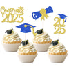 24 PCS 2025 Graduation Theme Cupcake Toppers Blue Gold Glitter Class of 2025 Cupcake Picks Diploma Grad Cap Cake Decorations for