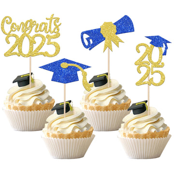 24 PCS 2025 Graduation Theme Cupcake Toppers Blue Gold Glitter Class of 2025 Cupcake Picks Diploma Grad Cap Cake Decorations for