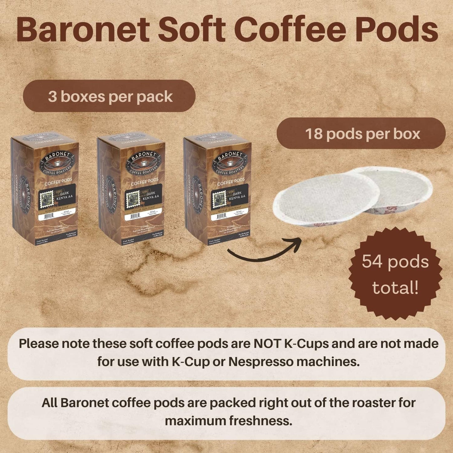 Baronet Coffee Pods French Roast Kenya, 54 Count, Single Serve, Dark Roast, Model 722919191371
