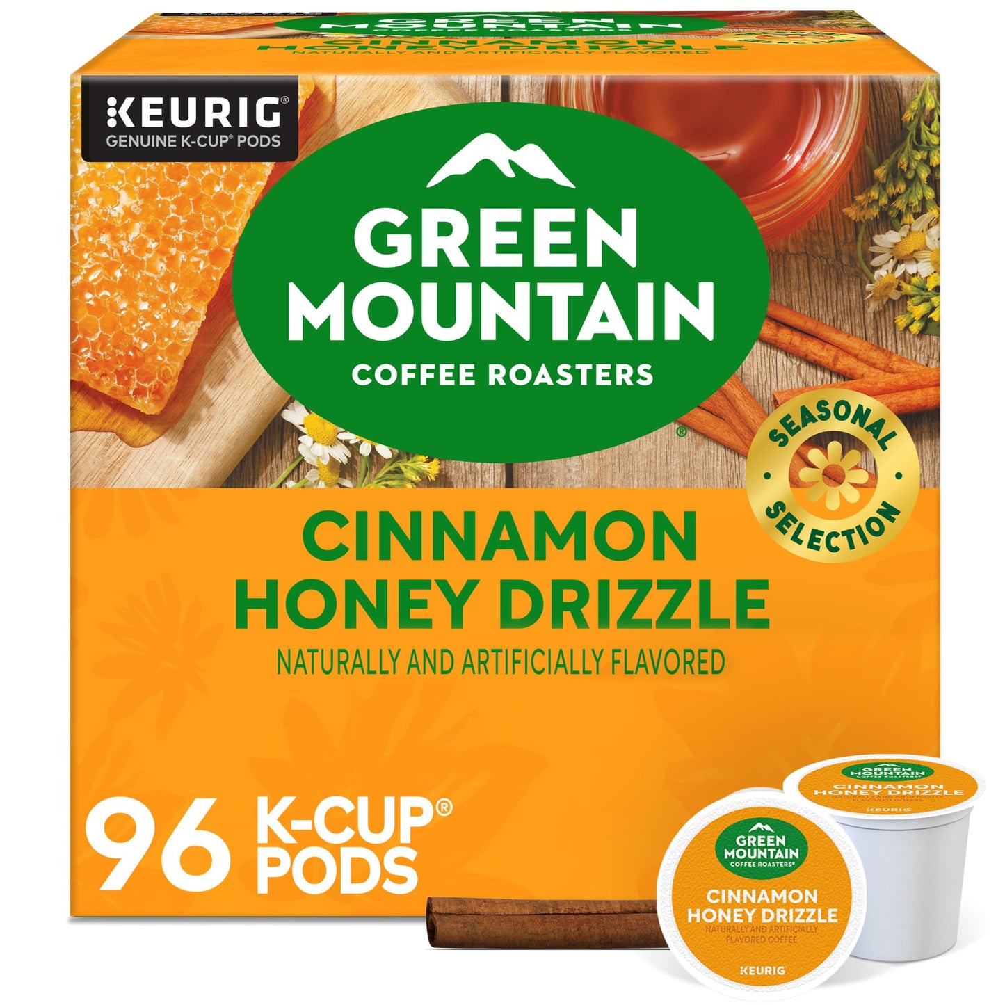 Green Mountain Coffee Roasters Cinnamon Honey Drizzle Flavored Coffee, Single Serve Keurig K-Cup Pod, 96-Count Pods, (4 Pack Of 24)