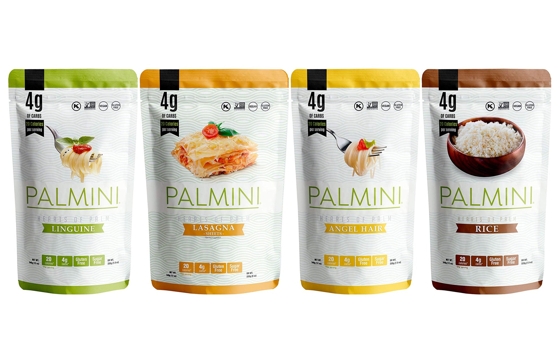 Palmini Pouch Variety Pack - Gluten Free Pasta (Linguine, Angel Hair, Lasagna, Rice) - 12 Ounce (Pack of 4)