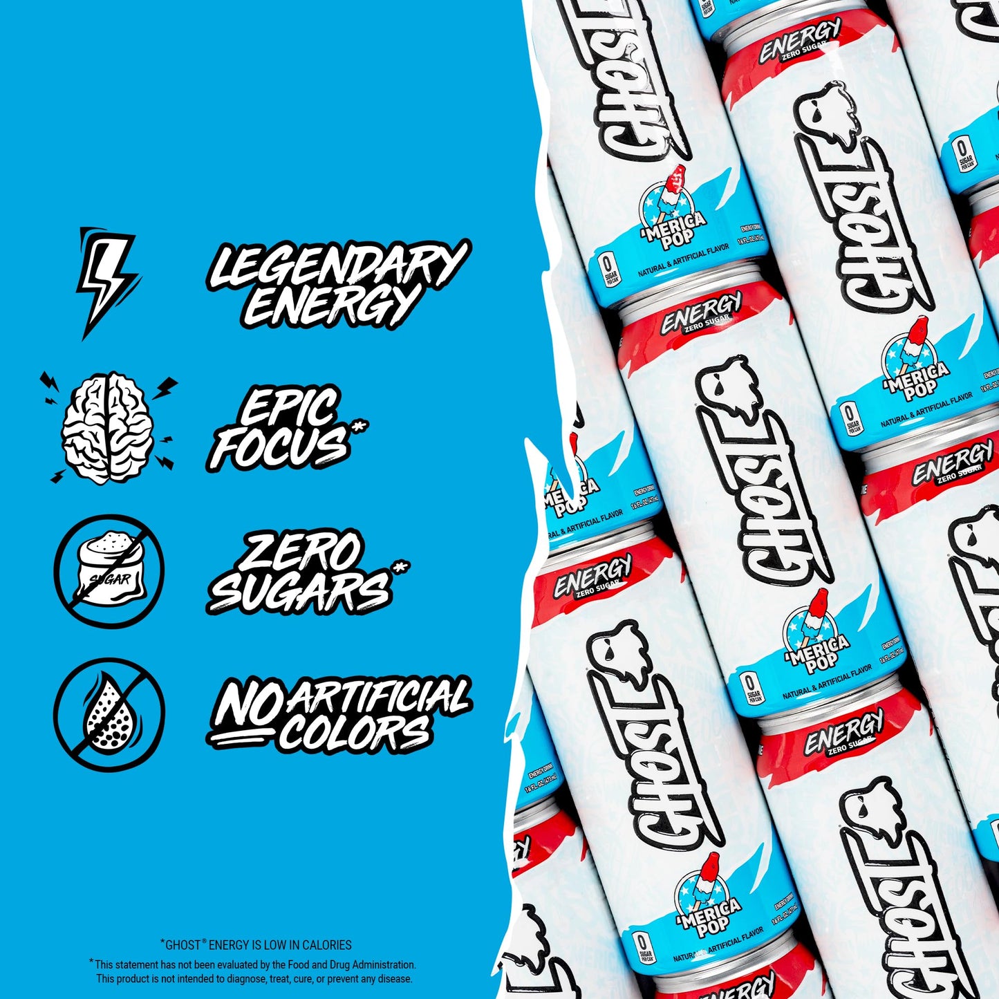 GHOST Energy Drink - 12-Pack, Merica Pop, 16oz Cans, 200mg Natural Caffeine, Gluten-Free, Vegan