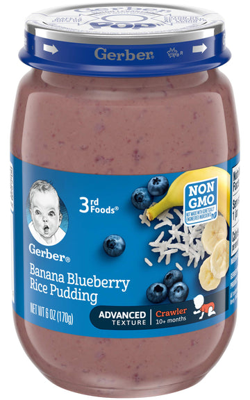 Gerber 3Rd Foods Puree Baby Food Jar, Banana Blueberry Rice Pudding, Non Gmo Baby Food, 6 Ounce Glass Jar (Pack Of 12)