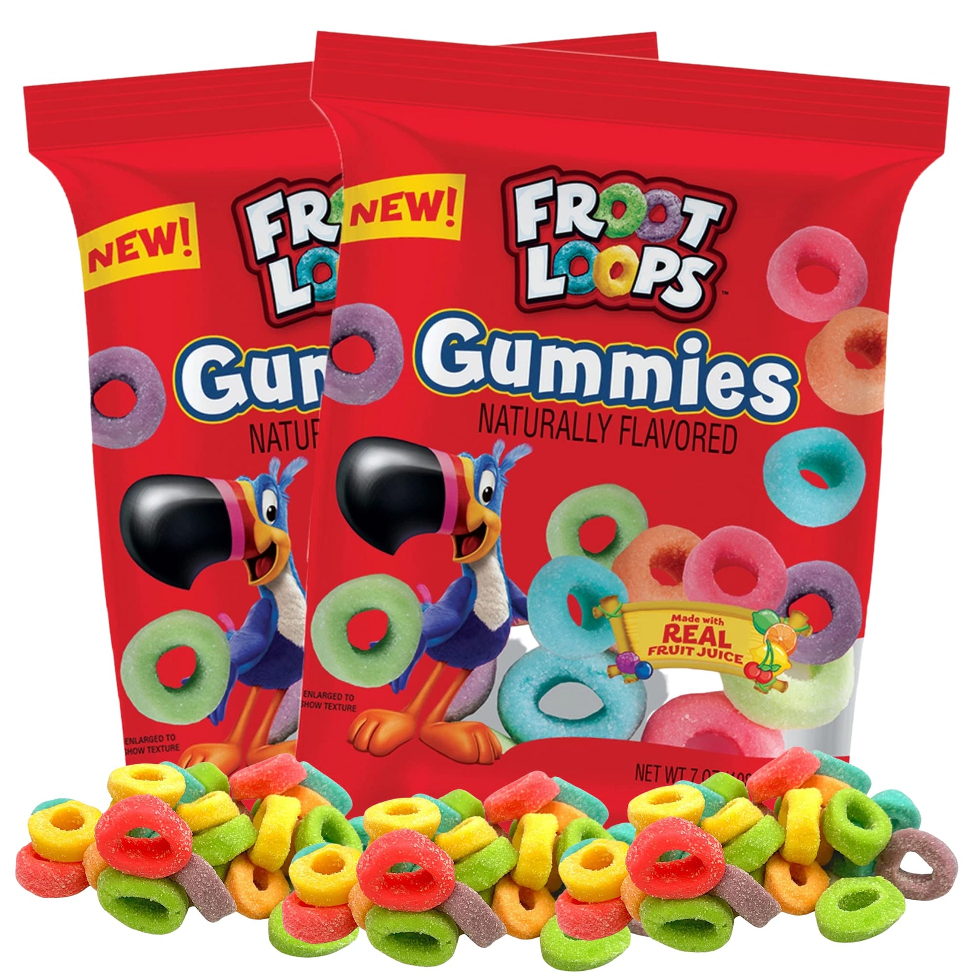 Froot Loops Gummies, Assorted Real Fruit Juice Flavored Gummy Candy Bags, Nostalgia Favorite Cereal Flavored Candies, 7 Ounces E
