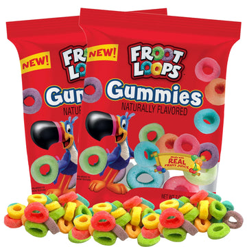 Froot Loops Gummies, Assorted Real Fruit Juice Flavored Gummy Candy Bags, Nostalgia Favorite Cereal Flavored Candies, 7 Ounces E