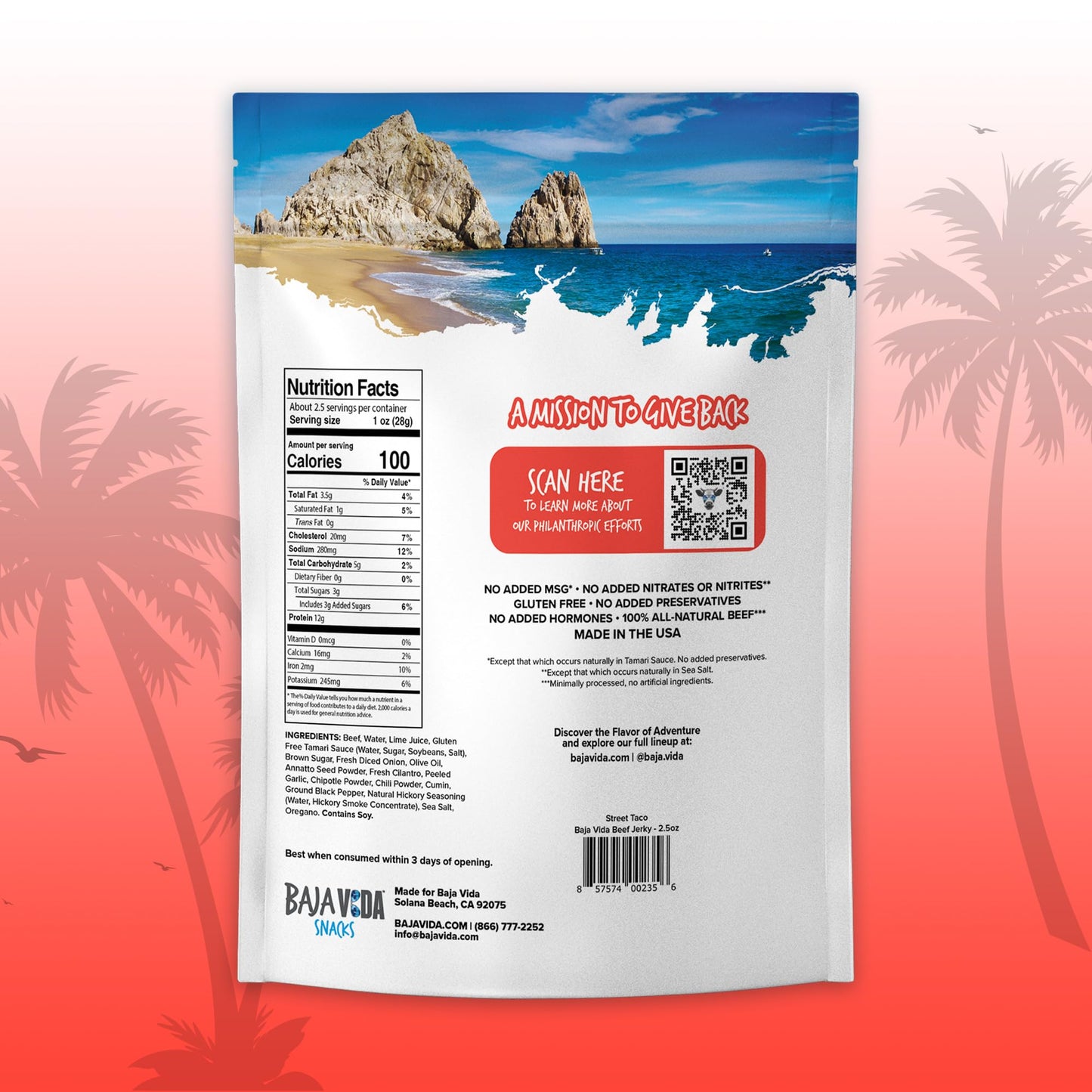 BAJA BEEF Baja Vida Street Taco Beef Jerky, Sweet and Spicy, Gluten-Free, All-Natural, 2.5 Oz Bags (Pack of 4)