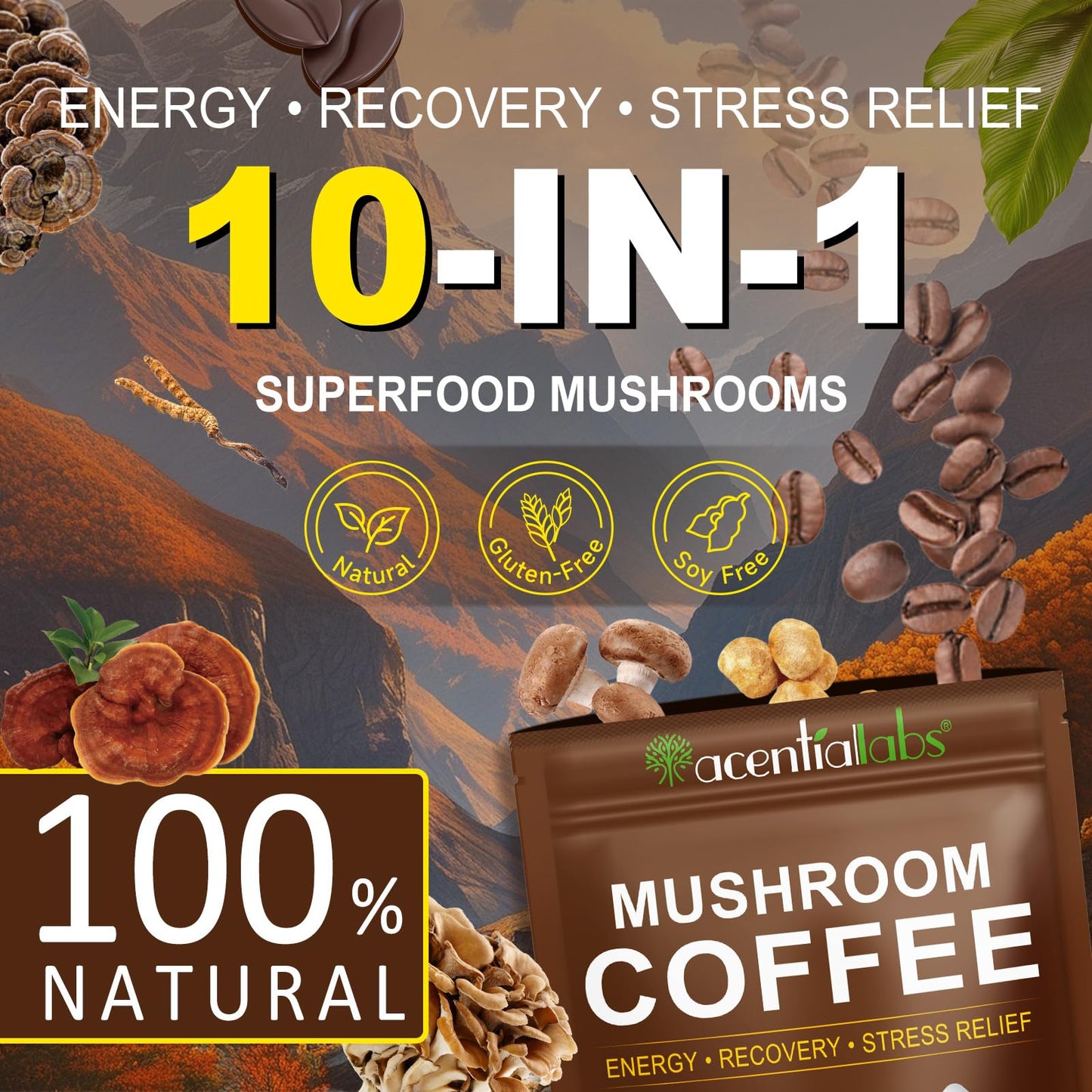 Mushroom Coffee | 10 Superfood Mushrooms Instant Coffee | Better Energy, Focus, Digestion, Immunity | Cordyceps, Lions Mane, Tur