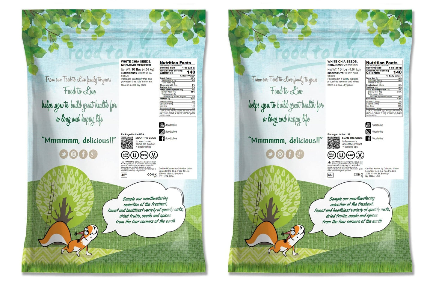 Food To Live White Chia Seeds, 20 Pounds - Whole, Raw, Kosher, Keto, Sirtfood, Vegan, Bulk. Rich In Omega 3, Omega 6, Fiber, Pro