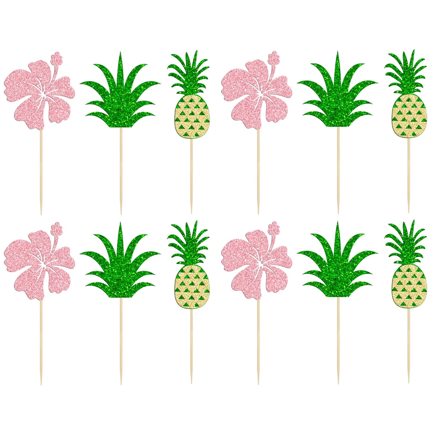 Gyufise 24 Pack Tropical Cupcake Toppers Glitter Pineapple Flower Leaf Aloha Cupcake Picks For Summer Hawaiian Luau Theme Baby S