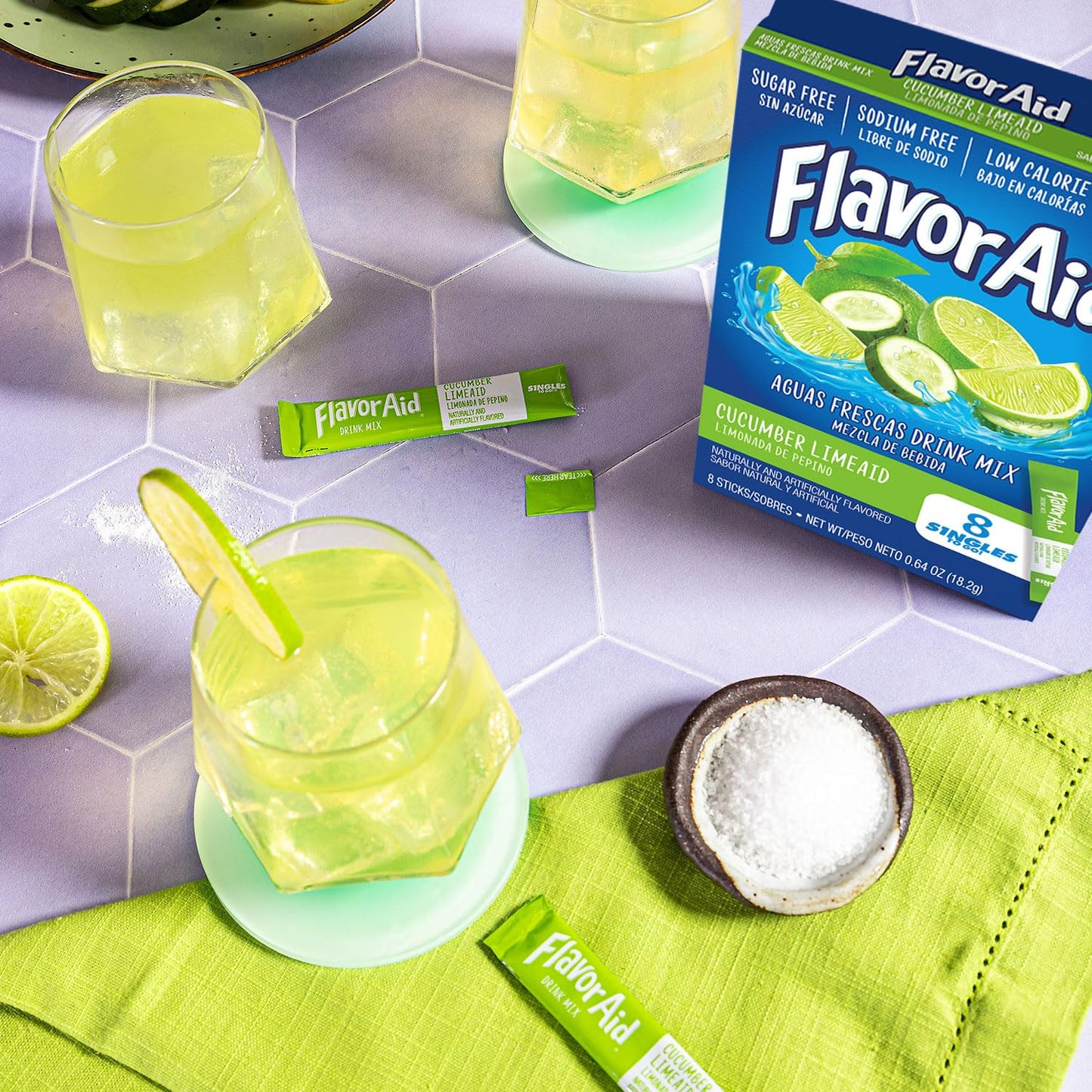 Flavor Aid Singles To Go Cucumber Lime Powder Drink Mix, 96 Servings, 8 Count, 1 Ounce Pack, Refreshing Hydration Solution