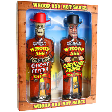 WHOOP ASS Ghost Pepper & Carolina Reaper Hot Sauce Gift Set - 5.6 oz (Pack of 2) - Collectible Figurine Bottles - Red