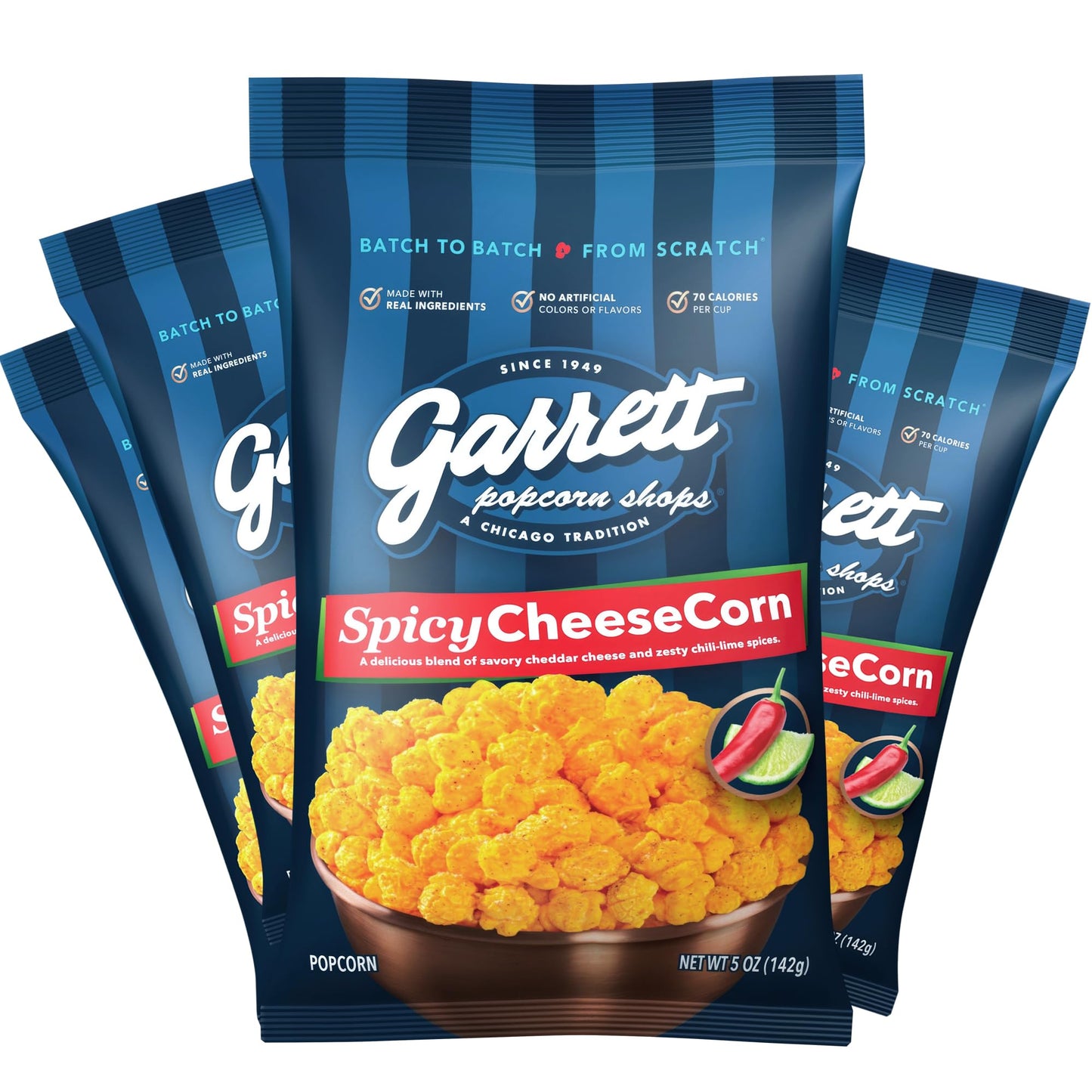 Garrett Popcorn Spicy CheeseCorn, Gluten Free, 5oz (Pack of 4), Spicy Cheddar Popped Snack