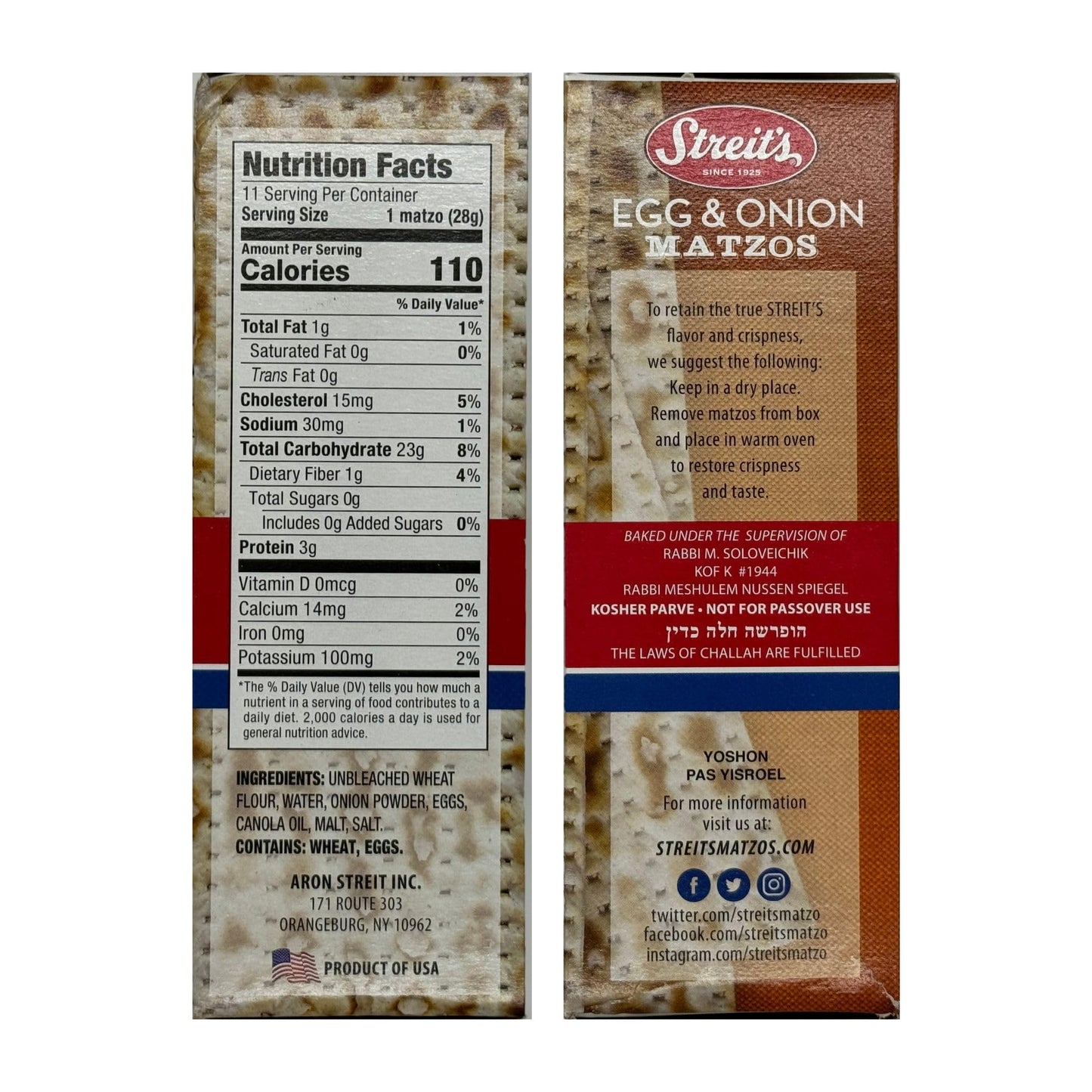 Streits Egg & Onion Matzo - Thin & Crispy, Low Sodium, Low Fat, Family Owned, Kosher Certified, Pair with Soups, Spreads & Sala