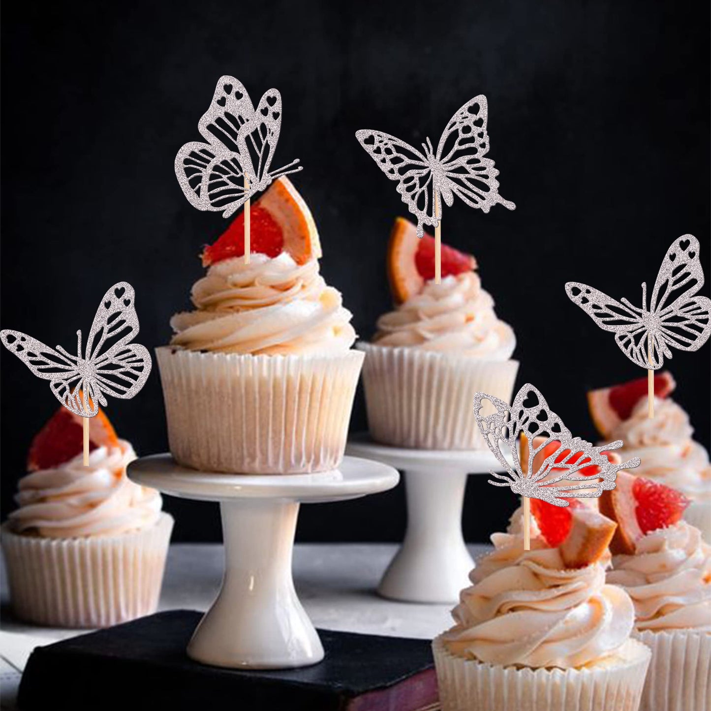 Rssta i Butterfly Cupcake Toppers, 24 Pack, Glitter, Silver, Paper, Model XM248-silver, Baby Shower & Kids Birthday Party Decorations