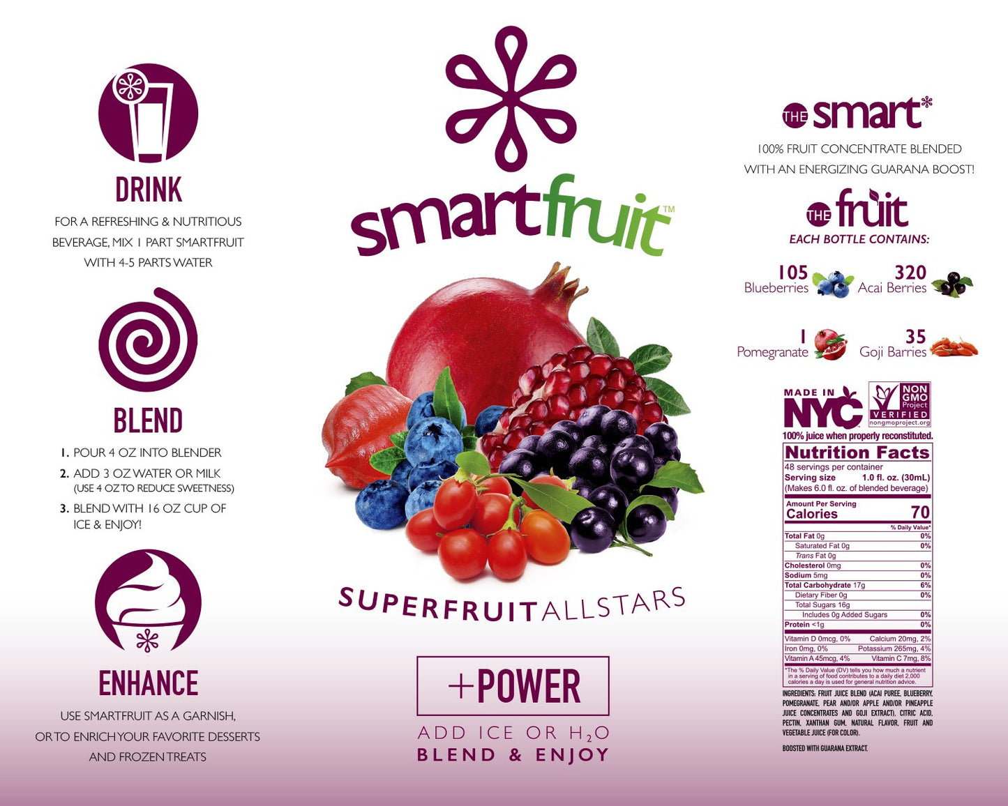 Smartfruit Superfruit All-Stars + Power, 100% Real Fruit Pur  E, Non-Gmo, No Additives, Vegan - 48 Fl. Oz - 2 Pack