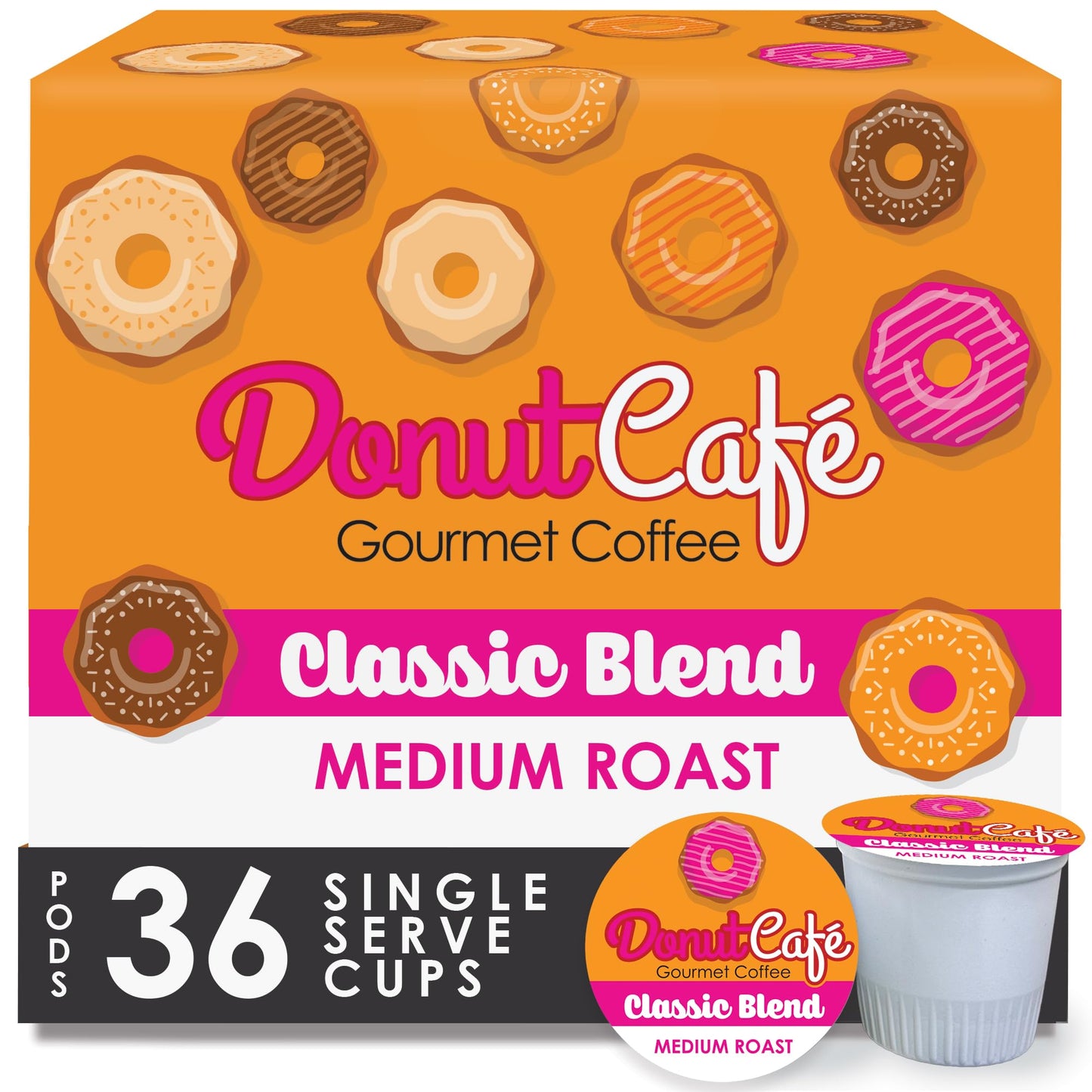 Donut Café - Coffee Gourmet Pods, Classic Blend, Medium Roast – Non-Gmo, Gluten Free – Compatible With Keurig K Cup Malt-Inspired – Smooth & Delicious – 36 Count