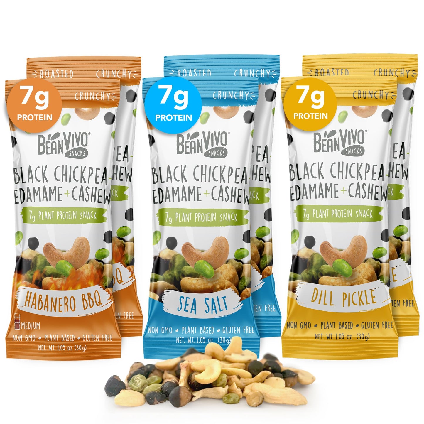 BeanVIVO Plant Based Protein Snacks - Flavors Sea Salt, Habanero BBQ & Dill Pickle with Dried Edamame, Roasted Cashew and Chickp