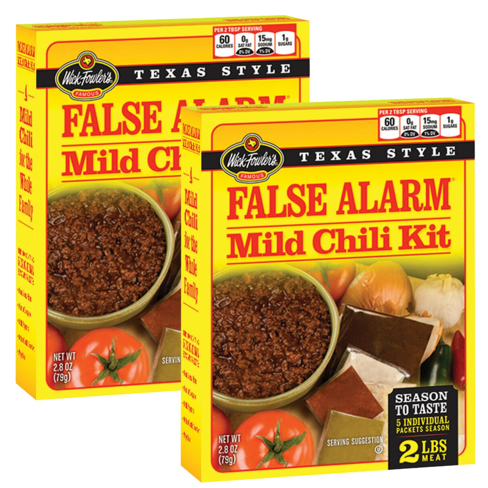 Wick Fowler's False Alarm Mild Chili Kit, Texas Style Chili Seasoning Mix with Individual Packs of Spices, 2.8oz Box (Pack of 2)
