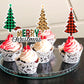 Ercadio Christmas Trees Cupcake Toppers - 24 Pack, Paper, D-merry Trees, Holiday Theme Decorations for Parties and Celebrations