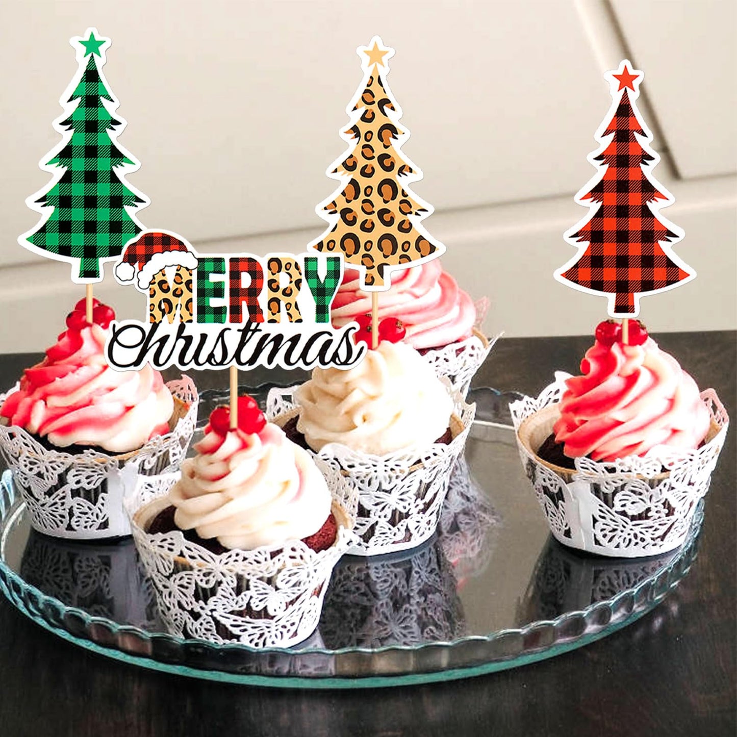 Ercadio Christmas Trees Cupcake Toppers - 24 Pack, Paper, D-merry Trees, Holiday Theme Decorations for Parties and Celebrations