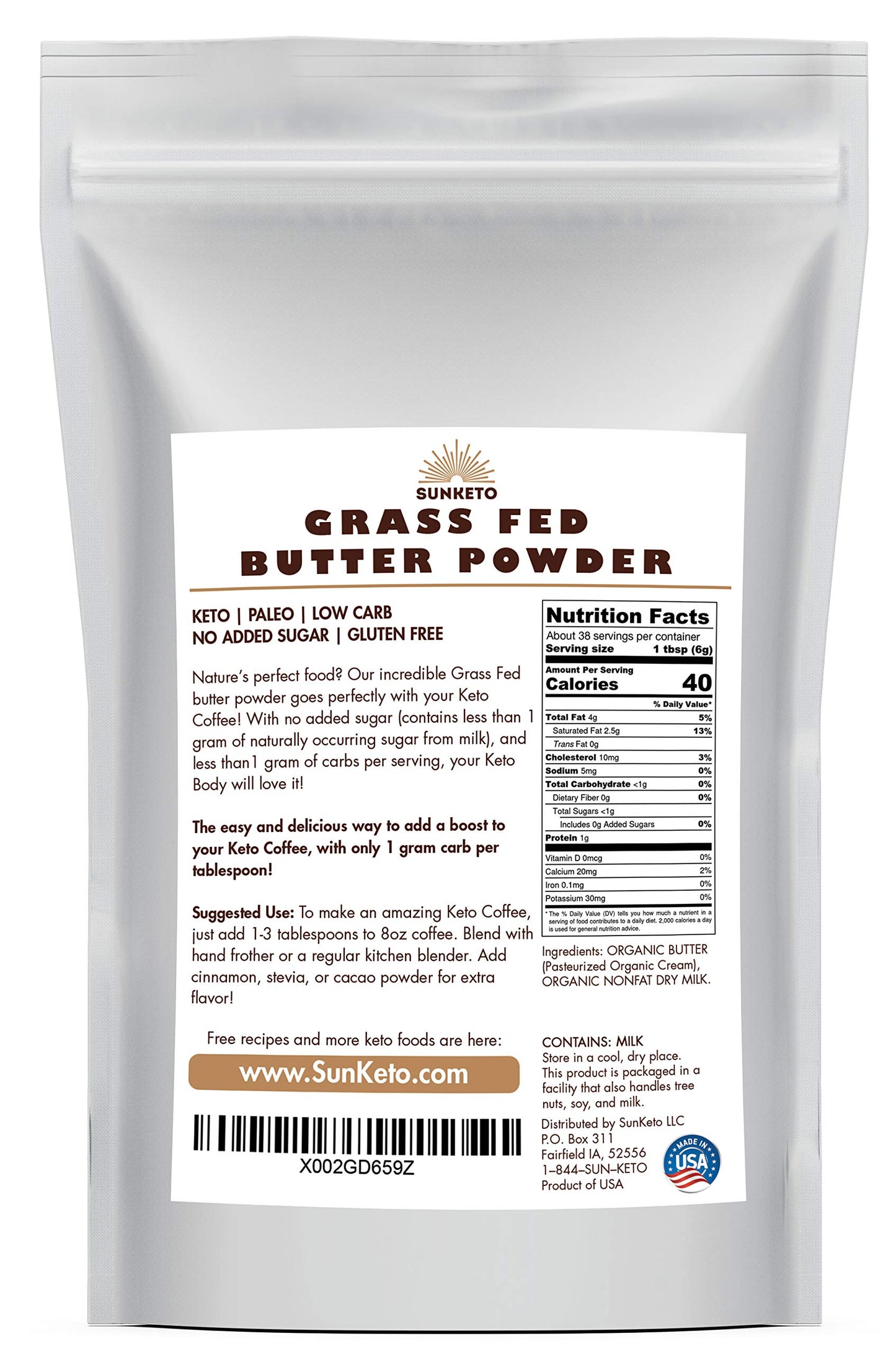 Organic Grassfed Real Butter Powder - Keto Non Gmo Rbst   Free Paleo Low Carb Sugar Free Gluten Free - Healthy Fat   - Great In Keto Coffee - Unsalted 8Oz