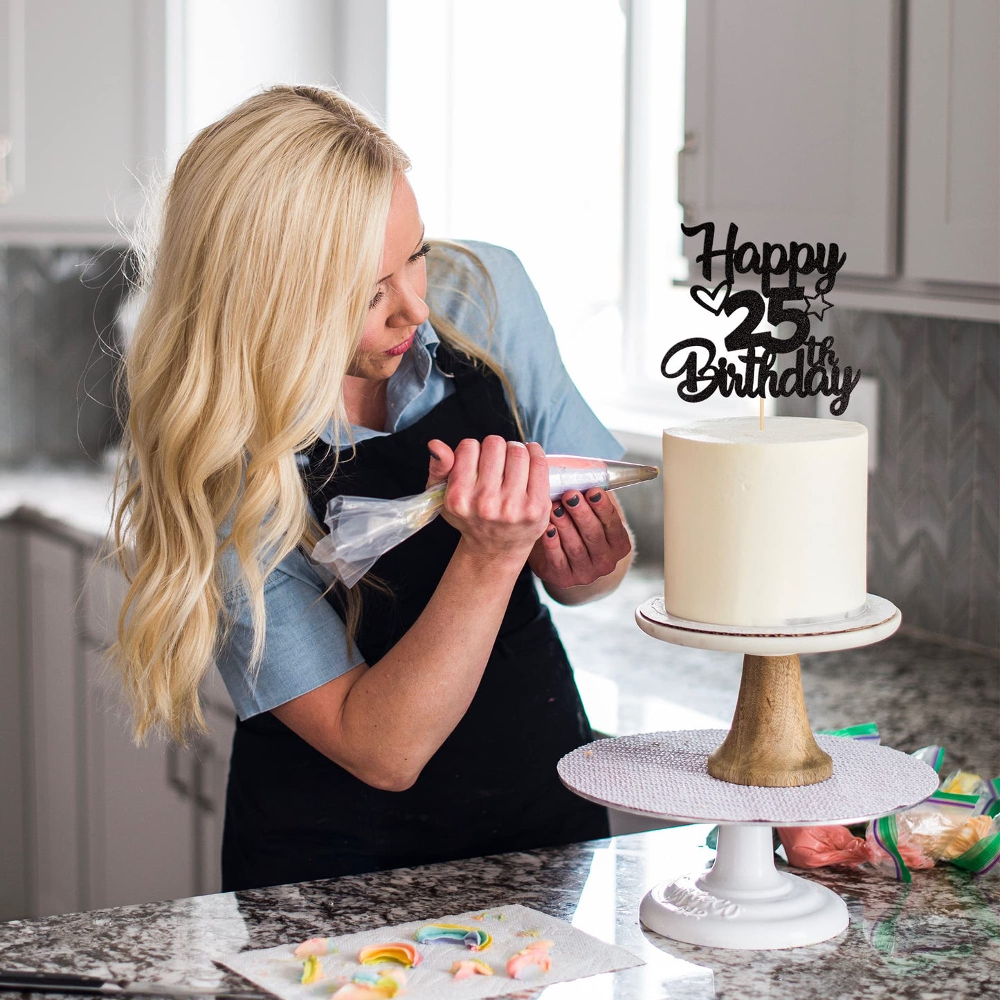 YCTHUNFISH 25th Birthday Cake Topper Glitter Heart Star Decoration Black Bamboo